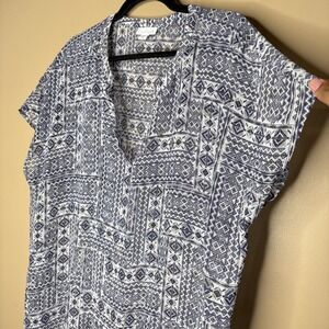 J. Jill Sz XL Petite Blouse Blue White Geometric Tribal Print V-Neck Cap Sleeve